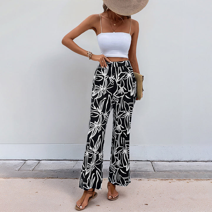 Damen Weite Leinenoptik-Hose mit hohem Bund und floralem Print Drune
