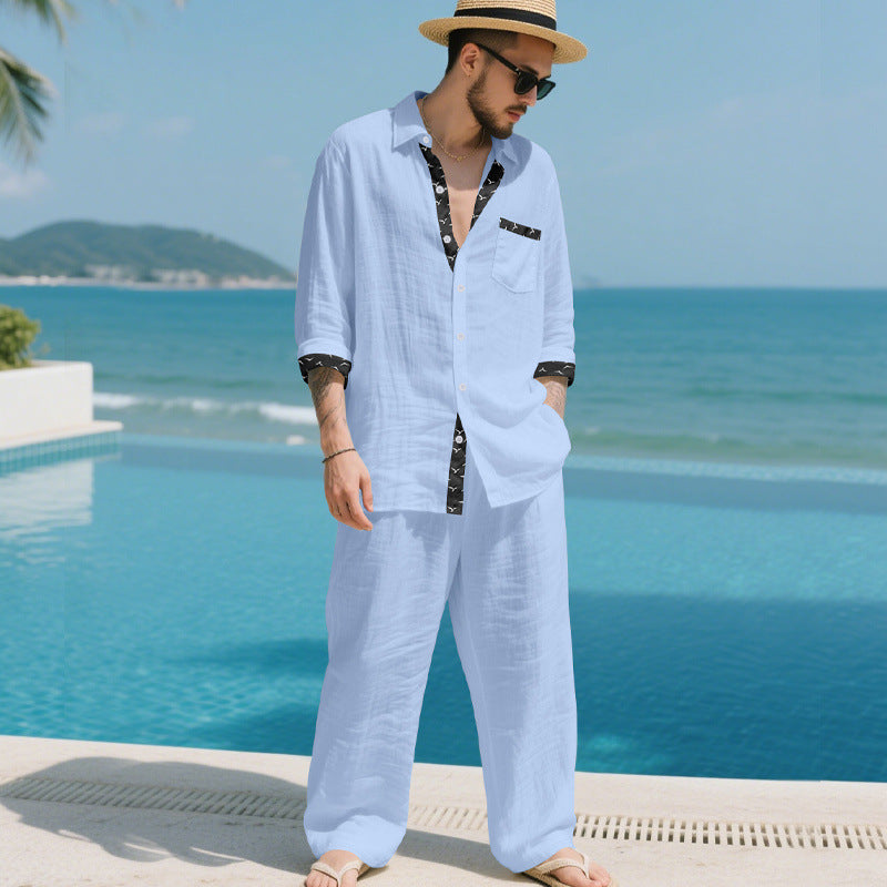 Herren Leinenoptik-Loungewear-Set mit Kordelzughose und offenem Hemdjacke Drune