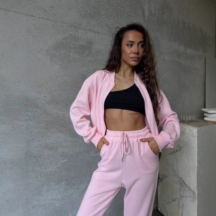 Damen weiches Velours-Zweiteiler mit kurzem Reißverschluss-Bomber und High-Waist-Hose mit Bein-Schlitz Drune