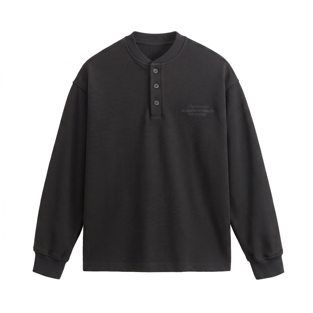 Unisex Strukturierter Henley-Pullover mit Knopfleiste und geripptem Stehkragen Drune