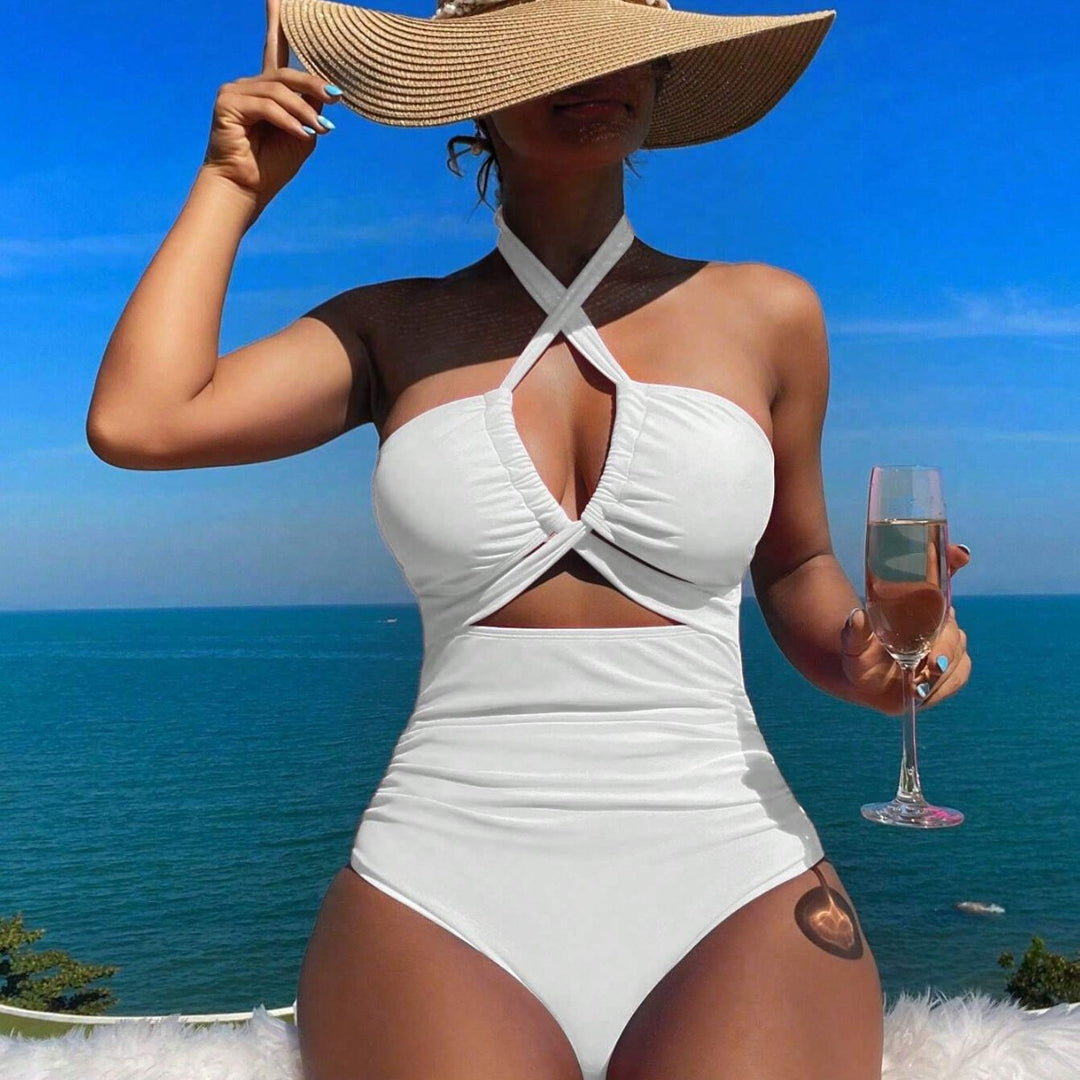 Damen einteiliger Badeanzug mit innovativem Cut-Out-Design und verspieltem Schleifenband Drune