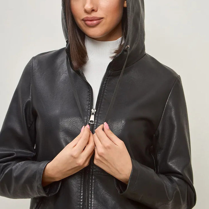 Damen modische Kunstlederjacke mit Kapuze und Reißverschlusstaschen Drune