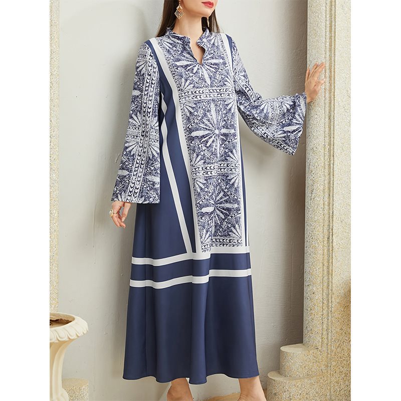 Damen Maxikleid mit elegantem Stehkragen und ausgestellten Ärmeln Drune
