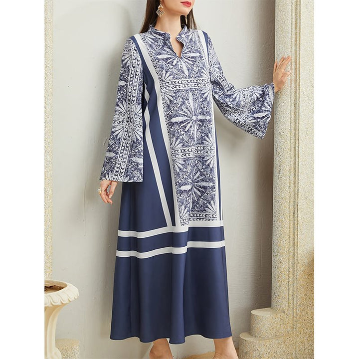 Damen Maxikleid mit elegantem Stehkragen und ausgestellten Ärmeln Drune