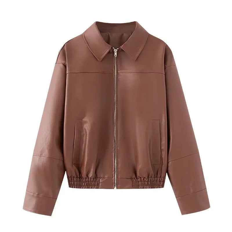 Damen nan oversize Glattlederoptik Blouson mit Hemdkragen, durchgehendem Reißverschluss und elastischem Bund Drune