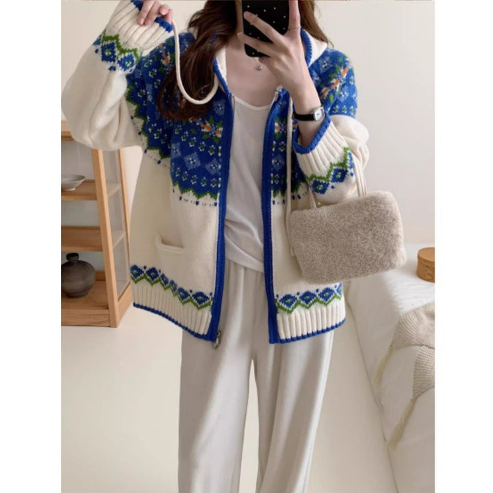 Damen Hübsche Strickjacke mit farbenfrohem Muster und Taschen Drune
