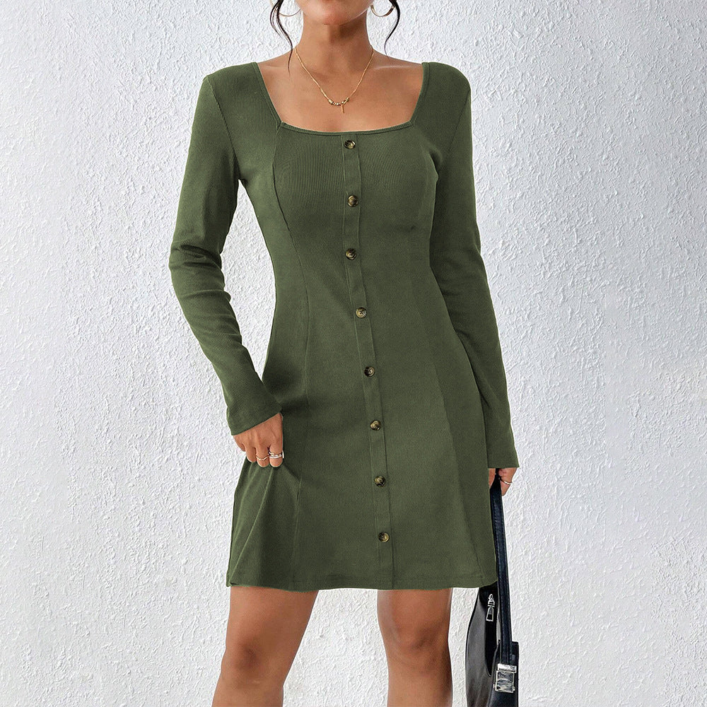Damen ausgestelltes Strick‑Korsagenkleid mit durchgehender Knopfleiste, Square‑Neck und figurformenden Teilungsnähten Drune