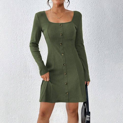 Damen ausgestelltes Strick‑Korsagenkleid mit durchgehender Knopfleiste, Square‑Neck und figurformenden Teilungsnähten Drune