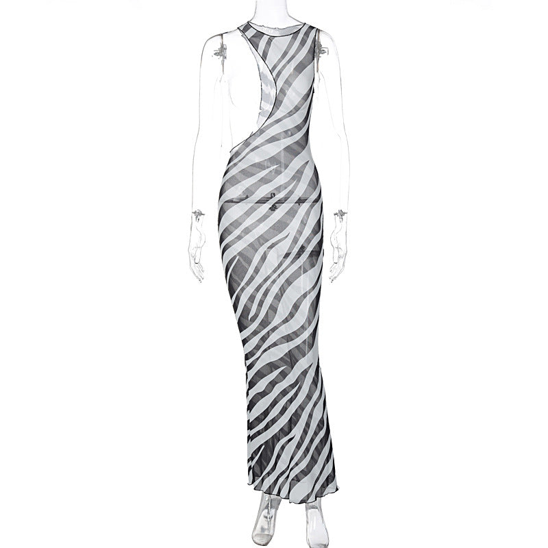 Damen Maxikleid mit asymmetrischem Schnitt und transparentem Zebra-Muster Drune