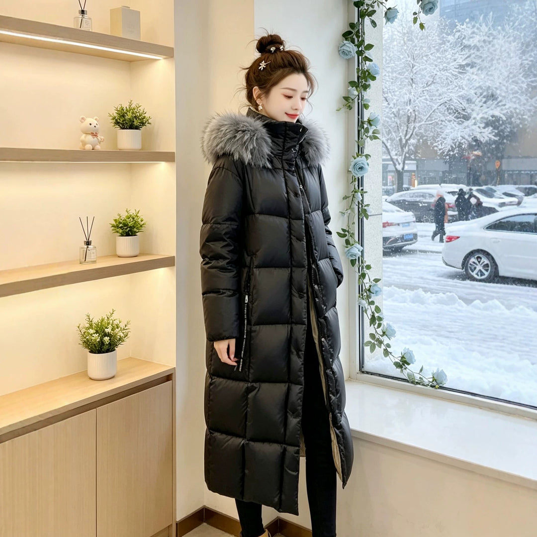 Damen Lange Daunenjacke mit Kunstfellkragen Drune