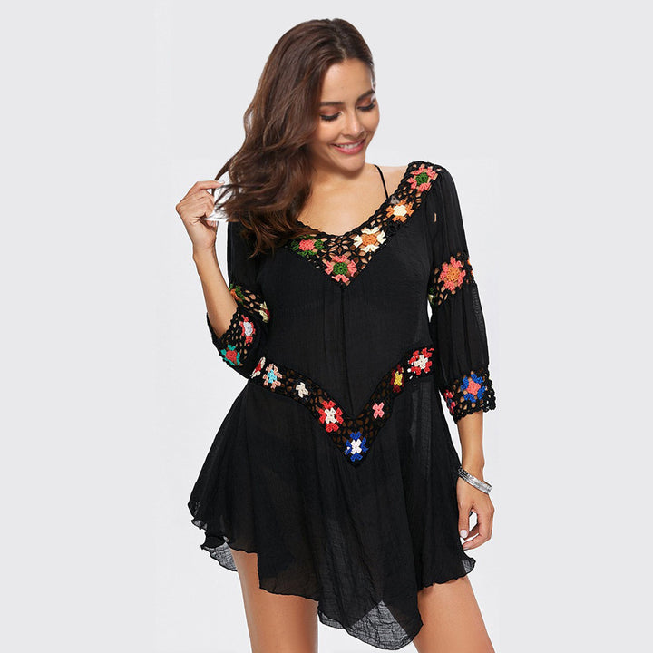 Damen Häkelbluse mit bunten Floral-Applikationen Drune