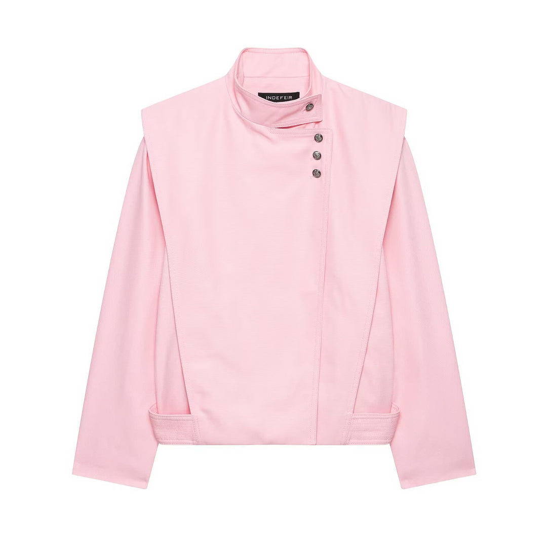 Damen Taillierte Cropped-Jacke mit asymmetrischem Stehkragen und dekorativen Druckknöpfen Drune