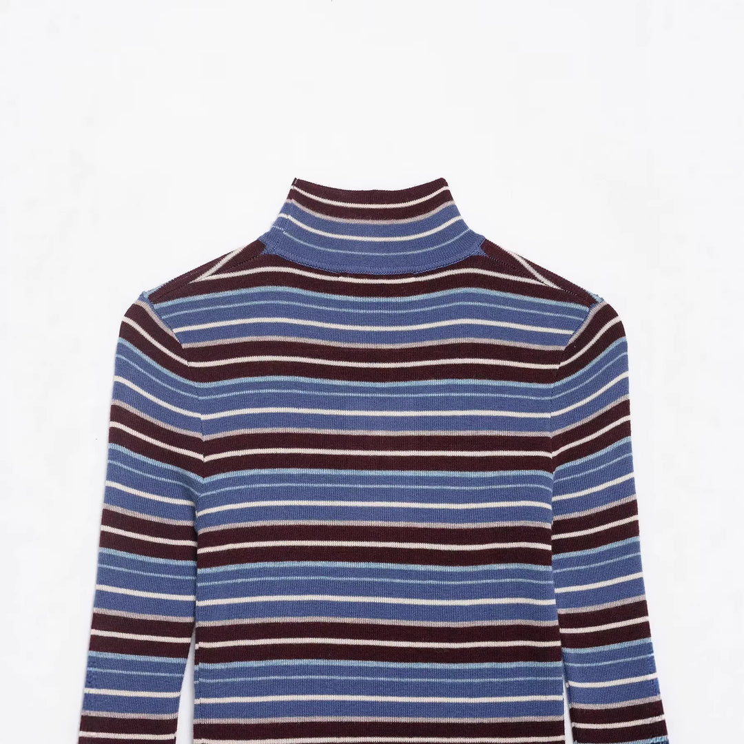 Damen Gestreifter Feinstrick-Rollkragenpullover mit schmaler Rippenstruktur Drune