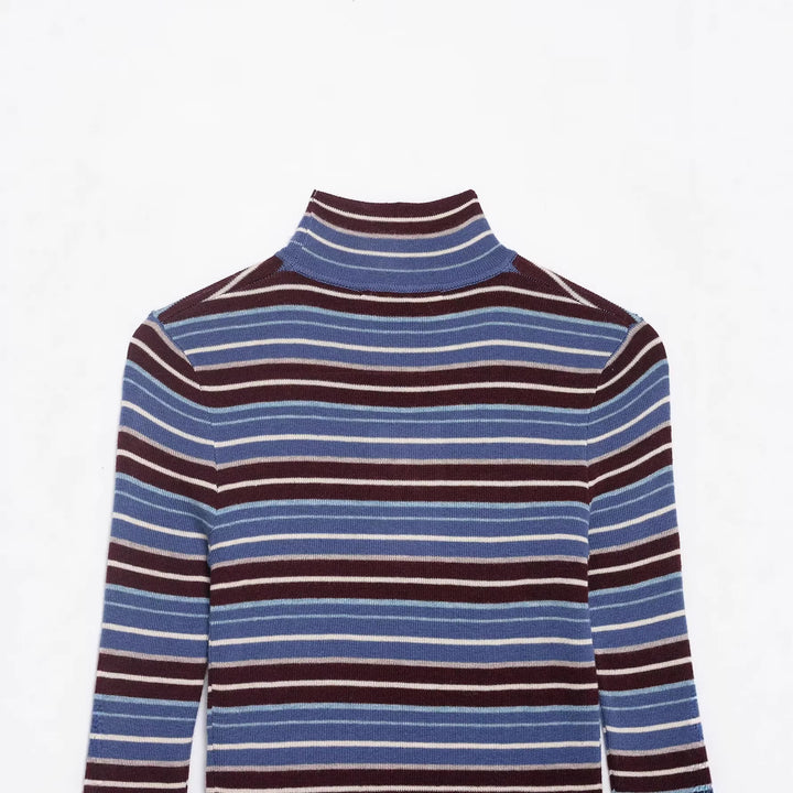 Damen Gestreifter Feinstrick-Rollkragenpullover mit schmaler Rippenstruktur Drune