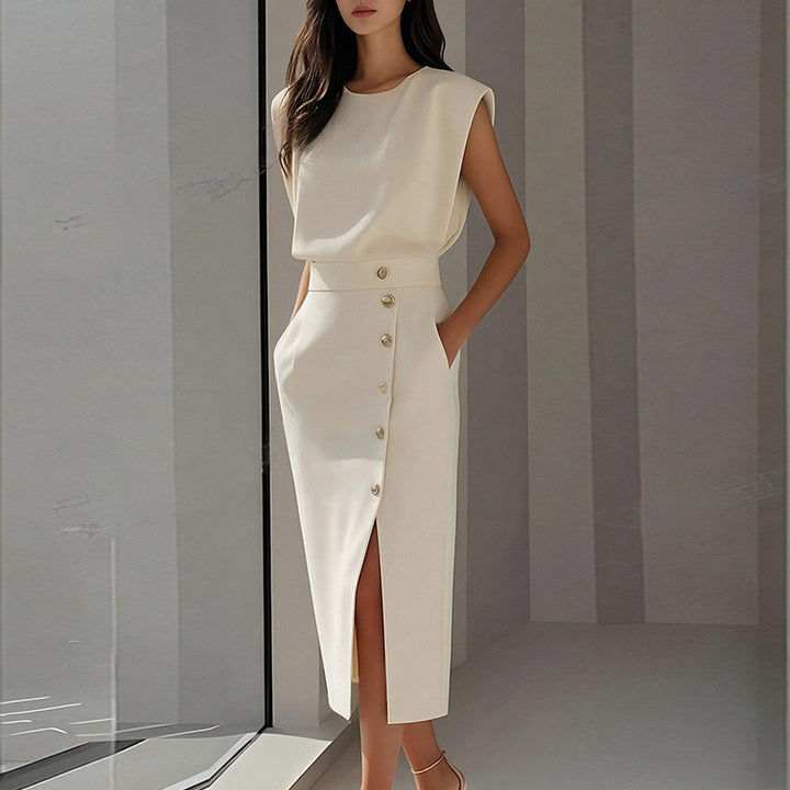 Damen Elegantes Midi-Kleid mit Knopfdetails und Seitenschlitz Drune