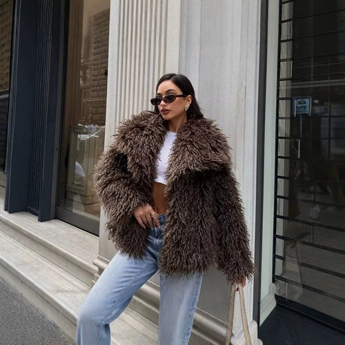 Damen Kurzjacke aus langflorigem Kunstpelz mit extra breitem Schalkragen Drune
