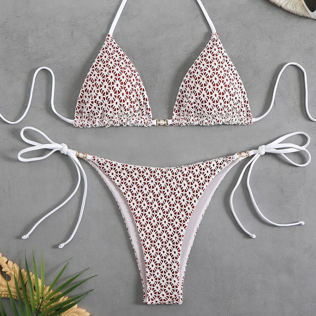 Damen Triangel-Bikini mit filigranem Blumendesign und charmanten Schleifen Drune