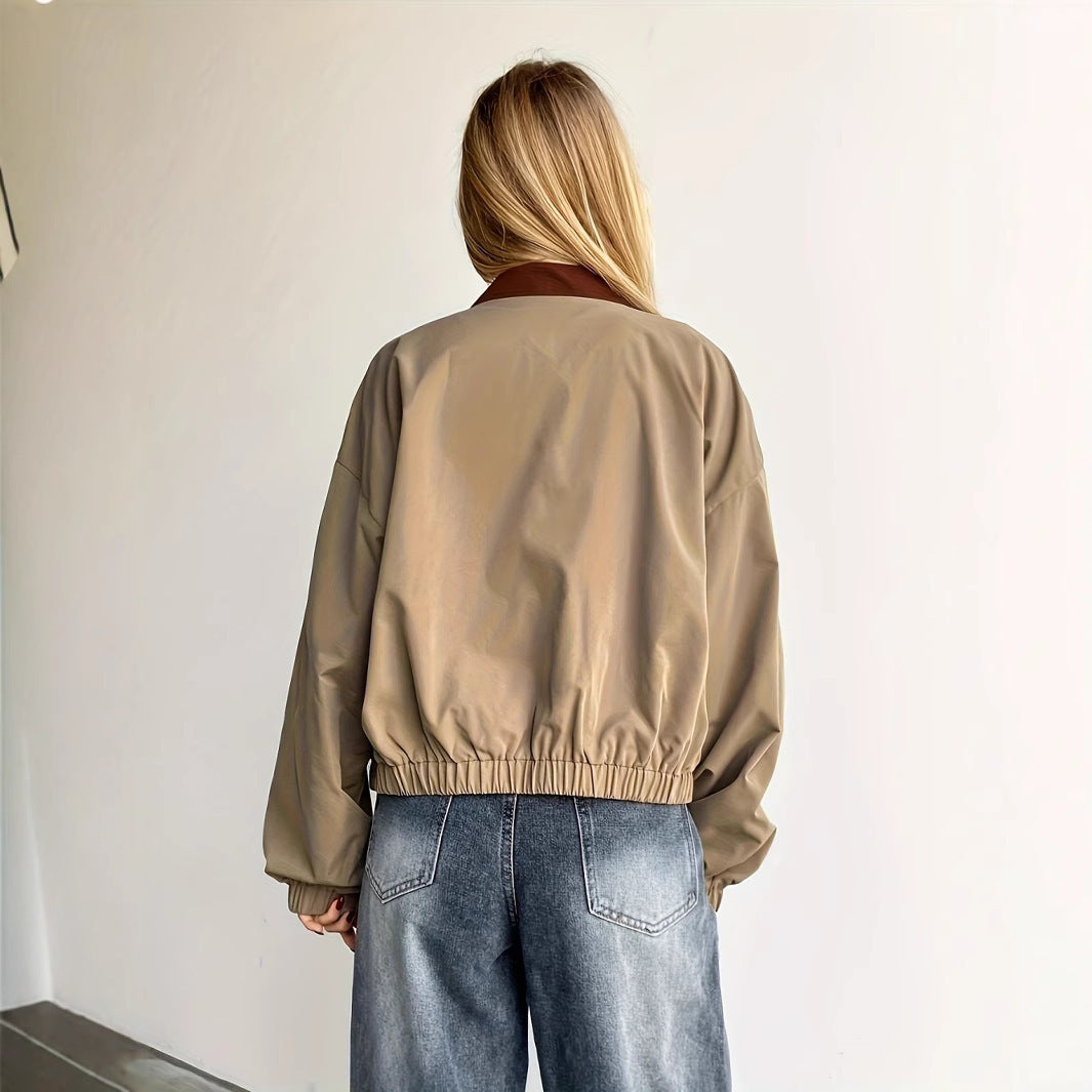 Damen Lässige Cropjacke mit weit geschnittenen Ärmeln und kontrastierendem Kragen Drune