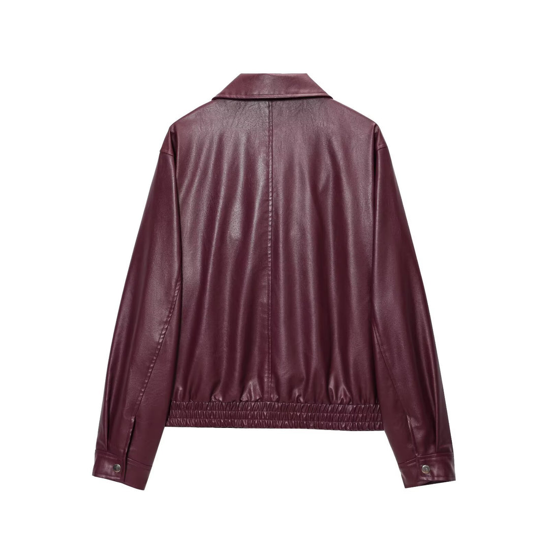 Damen modische Kunstlederjacke mit elastischem Bund und Stehkragen Drune
