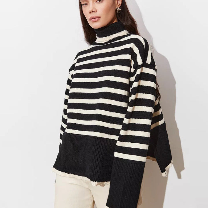 Damen Grob gestrickter Pullover mit hohem Kragen und Breton-Streifen Drune