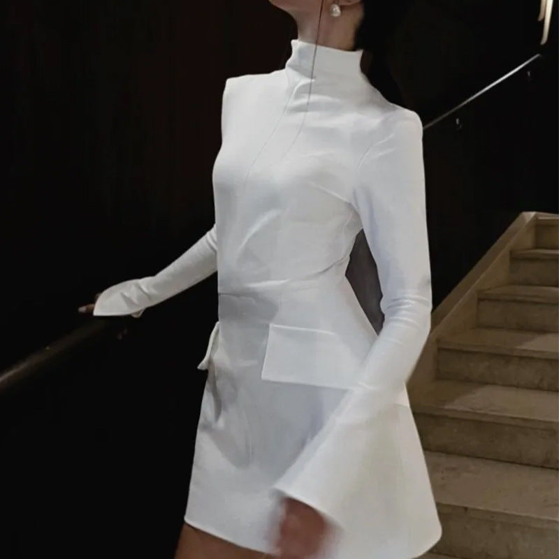 Damen Elegantes Kleid mit hohem Kragen und Taschen Drune