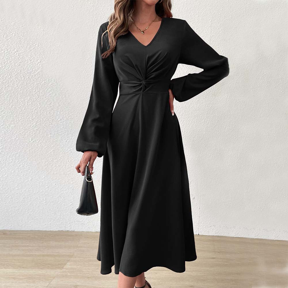 Damen elegantes Midikleid mit figurformender Drapierung und tiefem V-Ausschnitt Drune