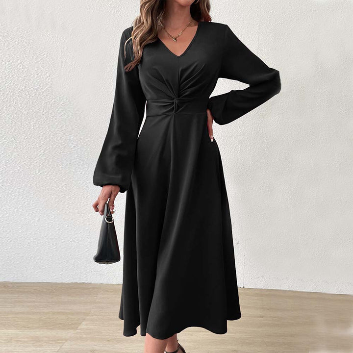 Damen elegantes Midikleid mit figurformender Drapierung und tiefem V-Ausschnitt Drune