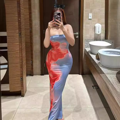 Damen elegantes Langkleid mit zartem Farbverlauf und Spaghettiträgern Drune
