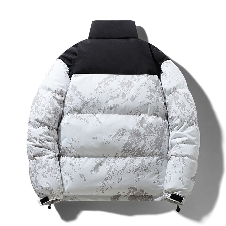 Herren Wattierte Steppjacke mit Camouflage‑Print, hohem Stehkragen & verstellbarem Saum Drune
