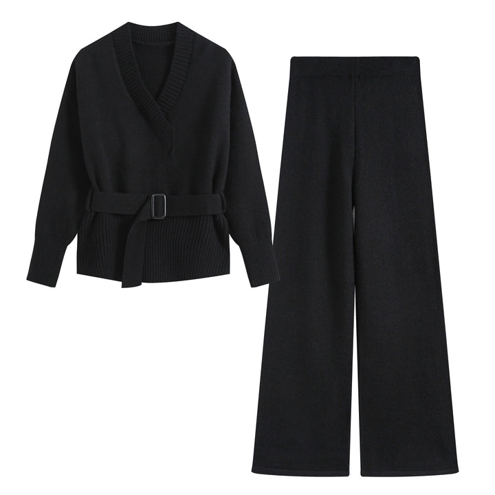 Damen Feiner Strickzweiteiler mit V‑Ausschnitt, Taillengürtel und weiter Bündchenhose Drune