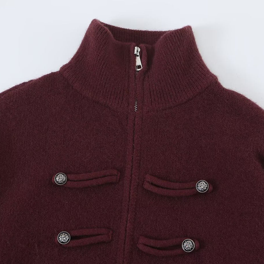 Damen Strickjacke mit Stehkragen, Reißverschluss und dekorativen Knotenblenden Drune