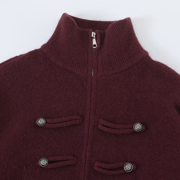 Damen Strickjacke mit Stehkragen, Reißverschluss und dekorativen Knotenblenden Drune