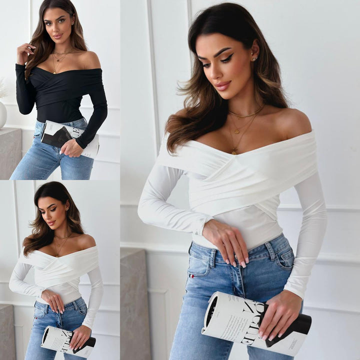 Damen Elegantes Wickeloberteil mit schulterfreiem Design und langen Ärmeln Drune