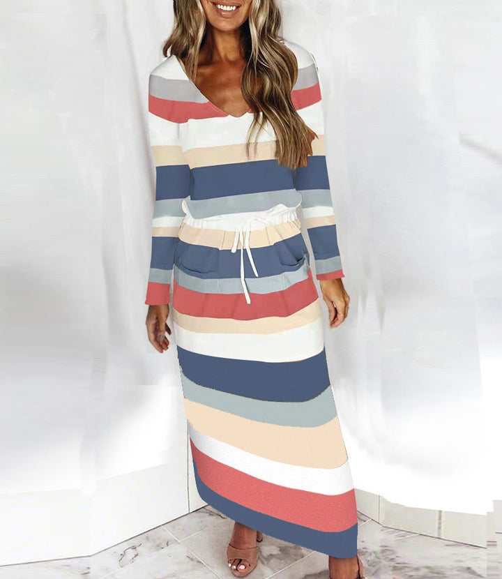 Damen Lässig-elegantes Maxi-Strickkleid mit V-Ausschnitt, Tunnelzug und Eingrifftaschen Drune