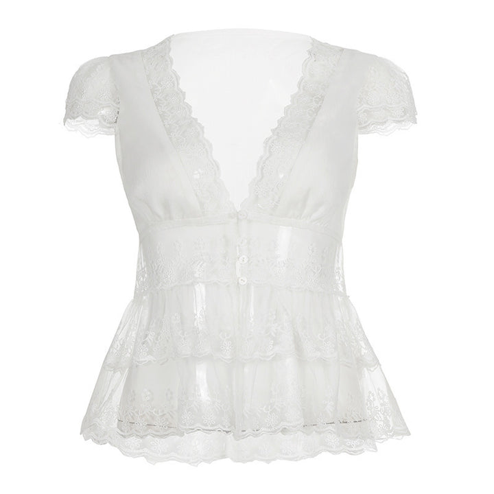 Damen Spitzenbluse mit Rüschendetails und tiefem V-Ausschnitt Drune