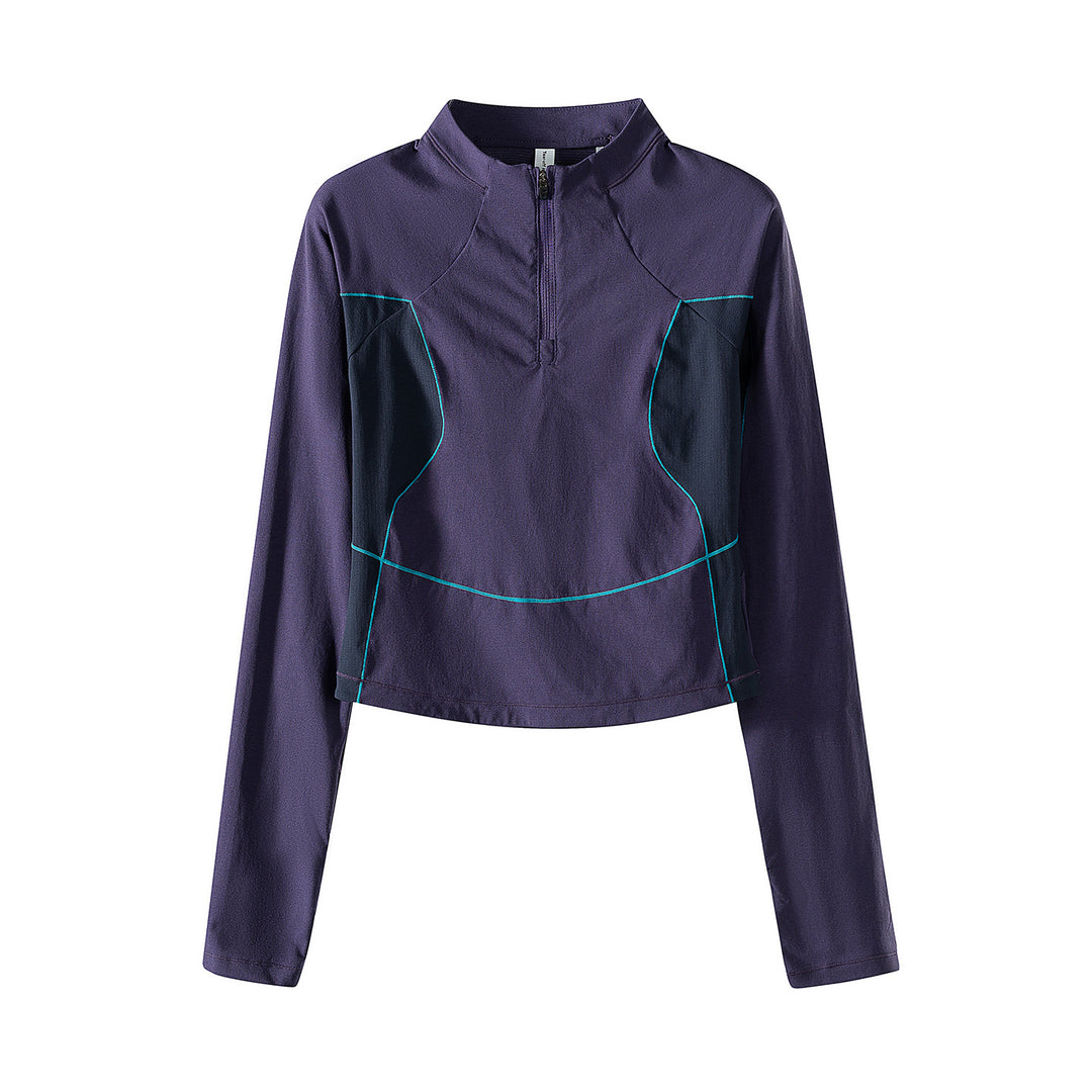 Damen Cropped Halbzip-Trainingsshirt mit Raglanärmeln und Kontrastpaneelen Drune