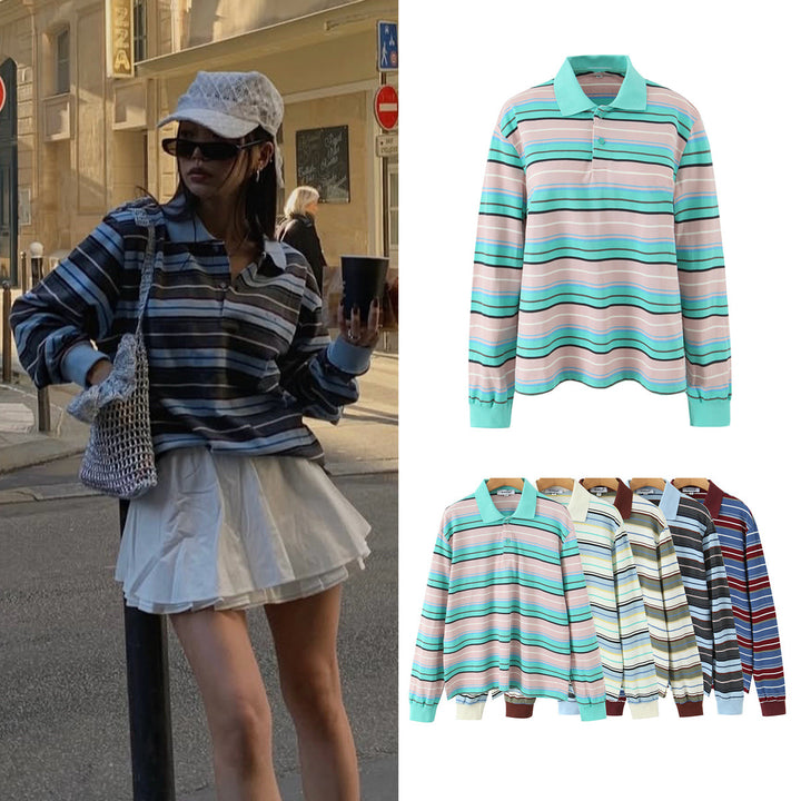 Herren Langarm-Poloshirt im Retro Streifenlook mit Kontrastkragen Drune