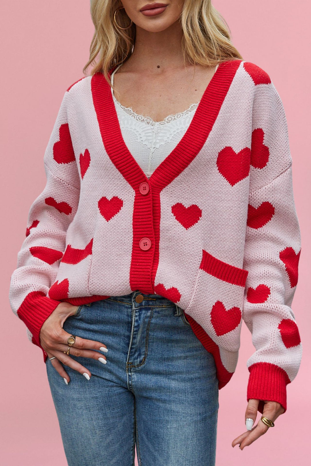 Damen kuschelige Strickjacke mit Herzmuster und großen Taschen Drune
