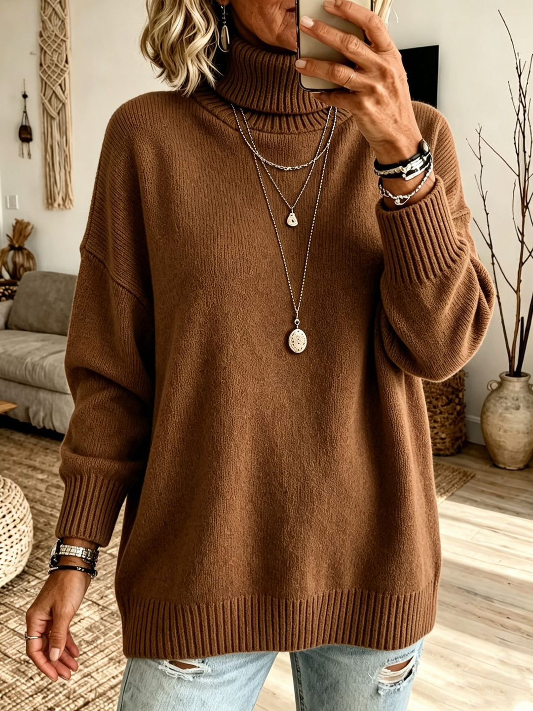 Damen Oversize Rollkragenpullover aus Feinstrick mit gerippten Bündchen und überschnittener Schulter Drune