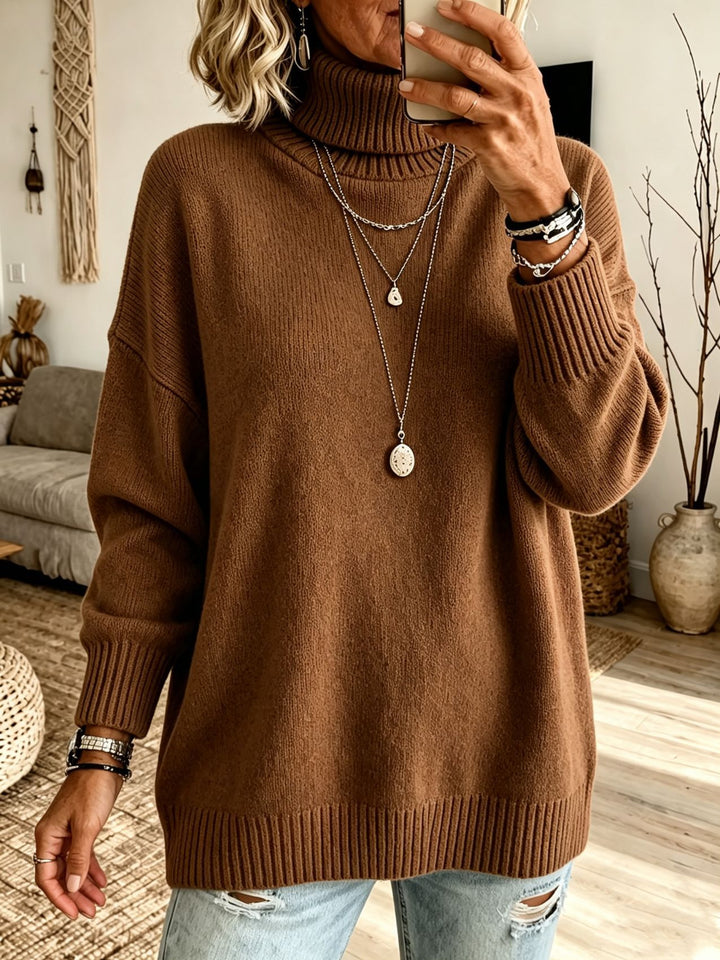 Damen Oversize Rollkragenpullover aus Feinstrick mit gerippten Bündchen und überschnittener Schulter Drune