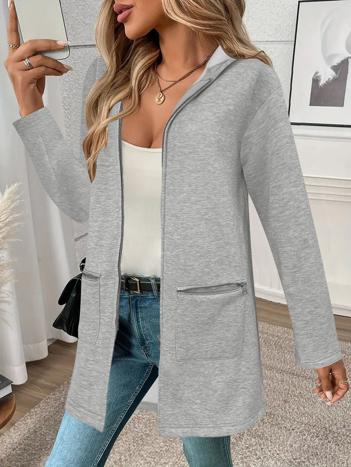 Damen Longline Übergangsjacke mit durchgehendem Reißverschluss und Zipper‑Taschen Drune
