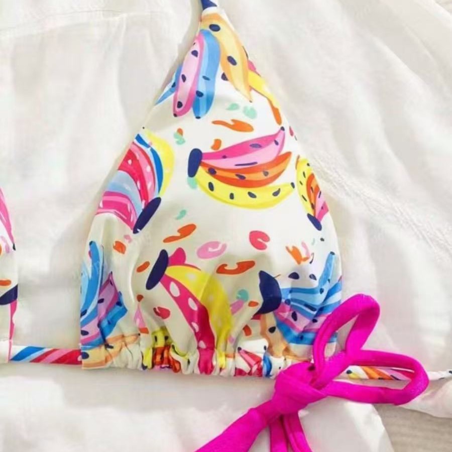 Damen Bikini-Set mit buntem Obstmuster und seitlichem Knoten Drune
