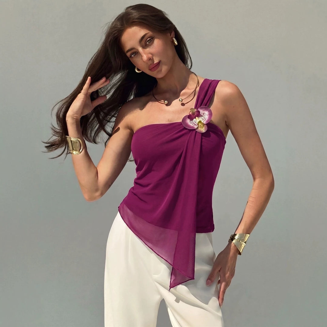 Damen nan asymmetrisches Einschulter-Chiffon-Oberteil mit Drapierung und Zierbrosche Drune