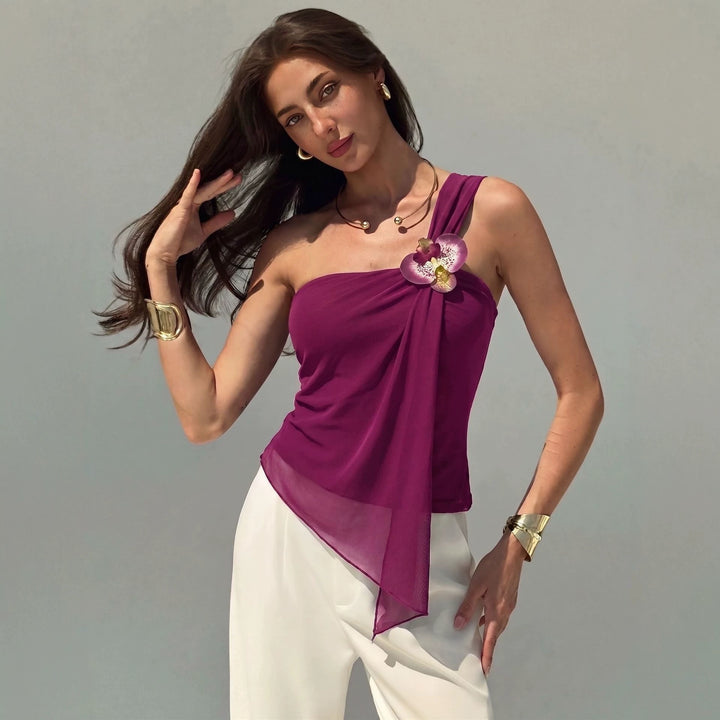 Damen nan asymmetrisches Einschulter-Chiffon-Oberteil mit Drapierung und Zierbrosche Drune
