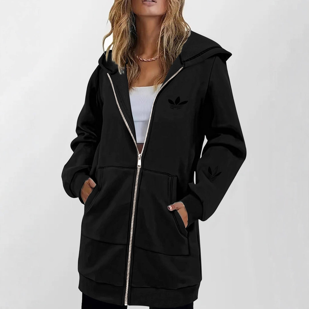 Damen Lange Kapuzen-Sweatjacke mit Metallreißverschluss, Kängurutaschen und figurumspielender Silhouette Drune