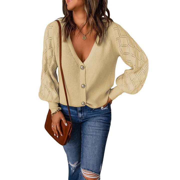 Damen Strickcardigan mit V-Ausschnitt, Zierknopfleiste und Ajourballonärmeln Drune