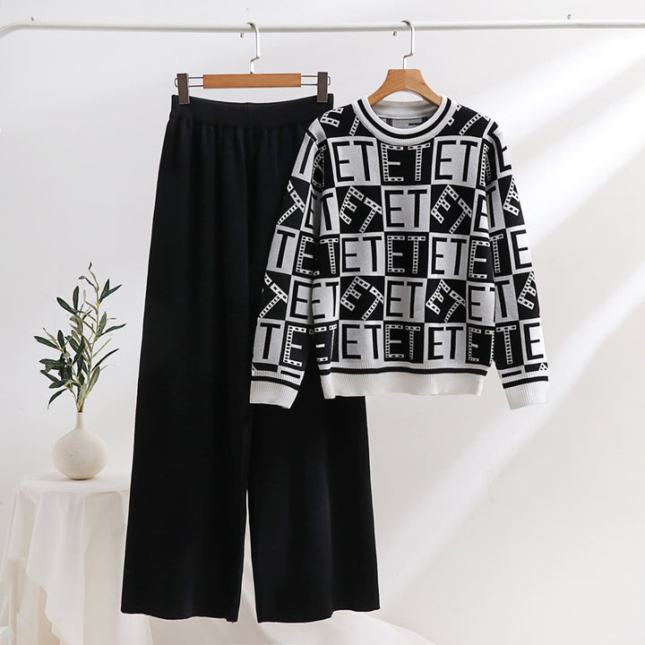 Damen lässiges Strick-Loungewear-Set mit grafischem Muster und weitem Schnitt Drune