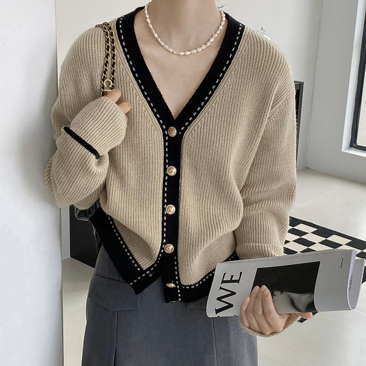 Damen Modische Strickjacke mit Kontrastdetails Drune
