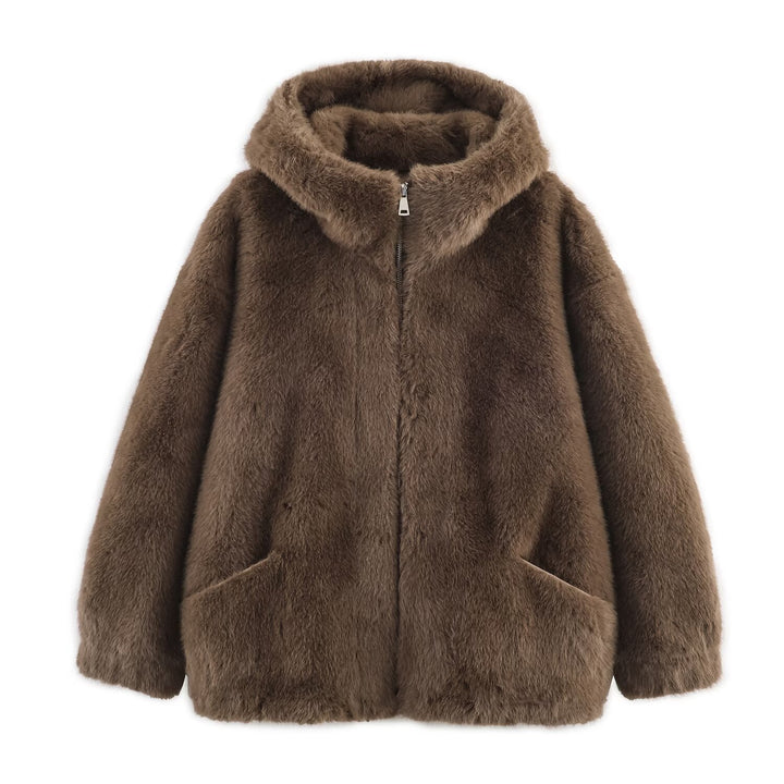 Damen Weiche und luxuriöse Jacke aus Kunstpelz mit Kapuze und praktischen Taschen Drune
