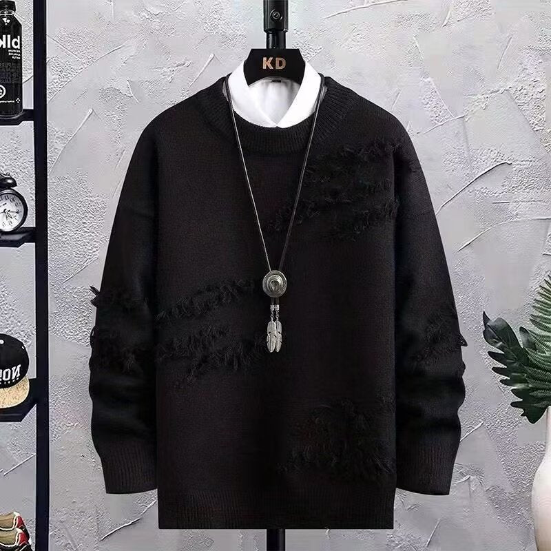 Herren Oversized Strickpullover mit Fransen‑Used‑Details und Rundhalsausschnitt Drune